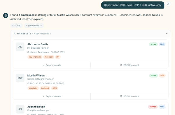 Recordya searches HR records using natural language and returns matching employees with contract details.