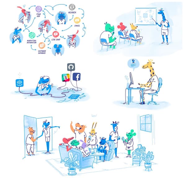 Hand-drawn illustration style with narrative that explains the concepts behind the complex services offered by Intercom. Bold colors and quirky animals give the brand a strong identity differentiating it from other tech companies.