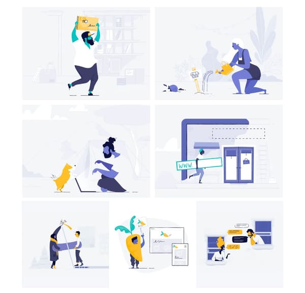 Metaphorical imagery showing business owners using a unified color palette and style still changing the tone and message in a really smooth way. Round of applause to Meg Robichaud (@megdraws) and her team at Shopify. Not only a great illustrator but also a design word-meister.